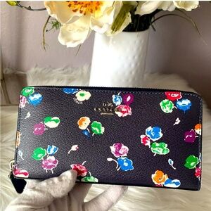Coach Multicolor Long Zip Around Wallet - Black with Floral Print